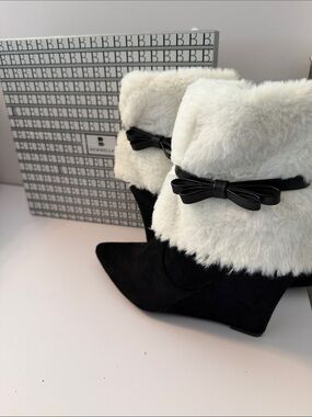Black Newbella Suede Wedge Booties with White Faux-Fur Cuff,  and Black Bow